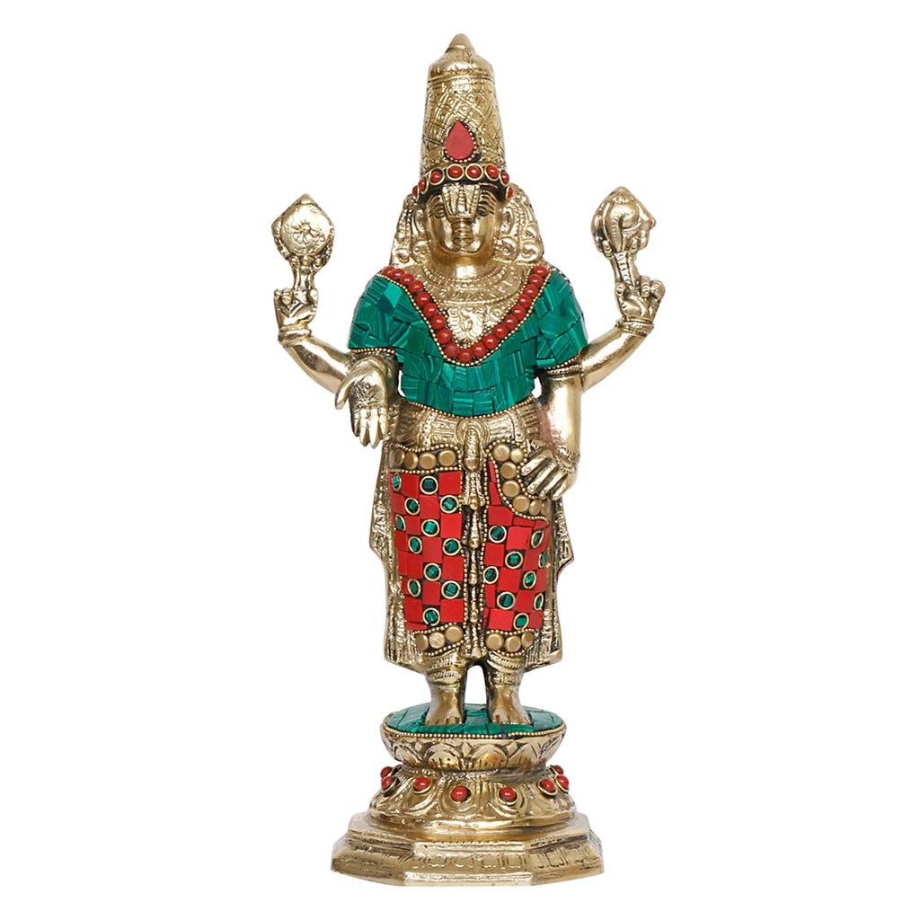 ARTVARKO Brass Tirupati Balaji Venkateshwara Idol Vishnu Chakra Namah Shankh Statue Murti Lord Srinivasa Pooja Vastu Religious Idol for Home Office Temple Decor Gift 11 Inch.