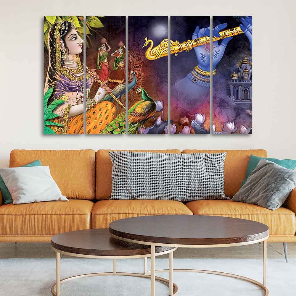 VIBECRAFTS Five Pieces Wall Painting of Radha Krishna Warli Art For Home|Office|Living Room|Gift (PTVC5Pcs4_8729)