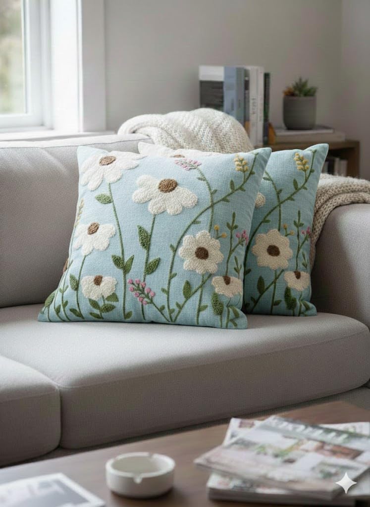 CASA-NEST Linen Embroidery Cushion Cover, Size -16x16 inch, Pack of 2 pc, Decorative Sofa Cushion (Aqua, 2)