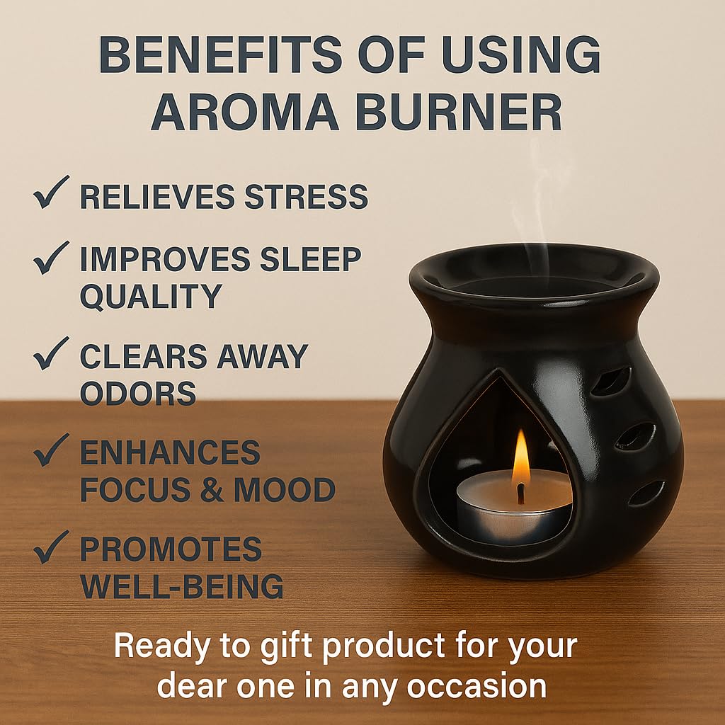 Pure Source India Ceramic Clay Oil Burner Aroma Diffuser (Black) Set of 2 | Essential Oil & Wax Melt Burner | Tea Light Candle Holder | Home Fragrance Diffuser for Spa, Yoga & Home Decor