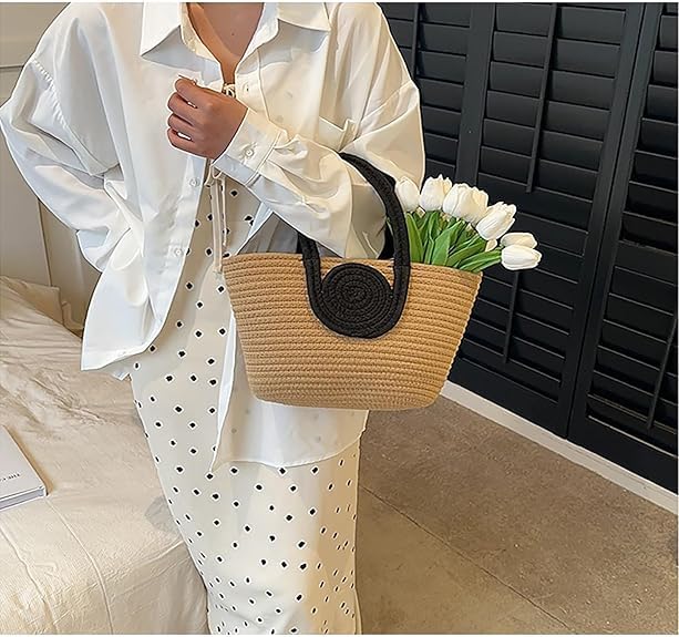 BEAUTIFUL HOMMIES Attractive Hand Bag | large Tote Bag | Summer Bag | Bucket Bag | Basket Bag | Bamboo Tote | Beach Bags for Women | Boho Bag | Handbag | jute Bag | Handmade Bag| (BEIGE-BLACK)