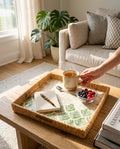 Aurexo Homes Rattan Mother of Pearl Square Decorative Tray | 28x28 cm | Handcrafted Natural Rattan with MOP Inlay | Serving & Home Decor