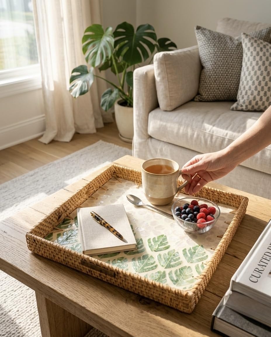 Aurexo Homes Rattan Mother of Pearl Square Decorative Tray | 28x28 cm | Handcrafted Natural Rattan with MOP Inlay | Serving & Home Decor