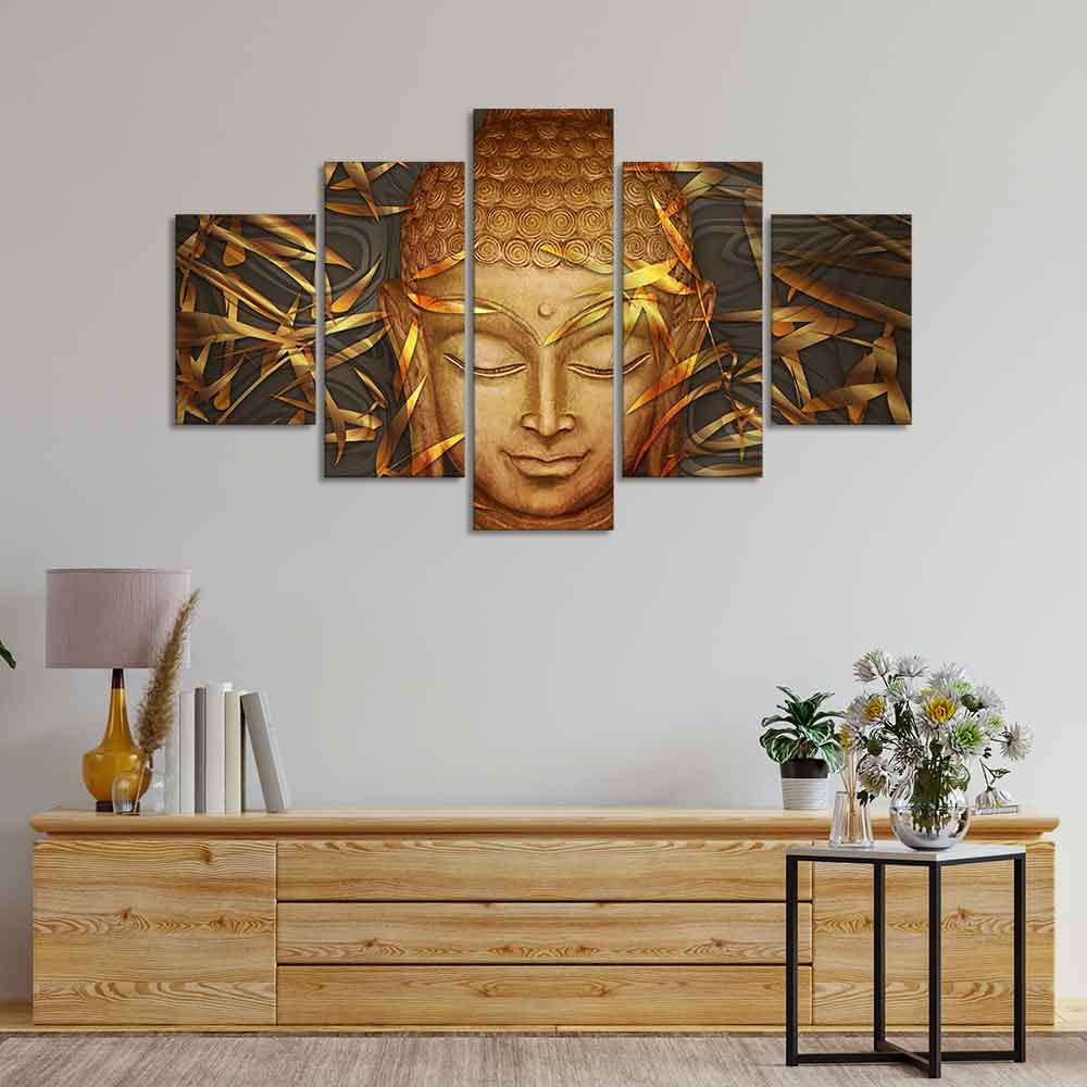 VIBECRAFTS Gautam Buddha with Serene Smile Wall Painting of Five Pieces For Home|Office|Living Room|Gift (PTVC5Pcs1_5537)