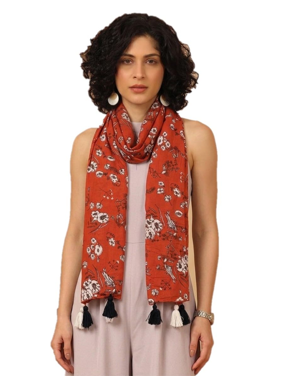 tweedle Pure Cotton Summer Scarf for Women,soft, Printed, Breathable Stole for Sun and Wind Protection - Orange