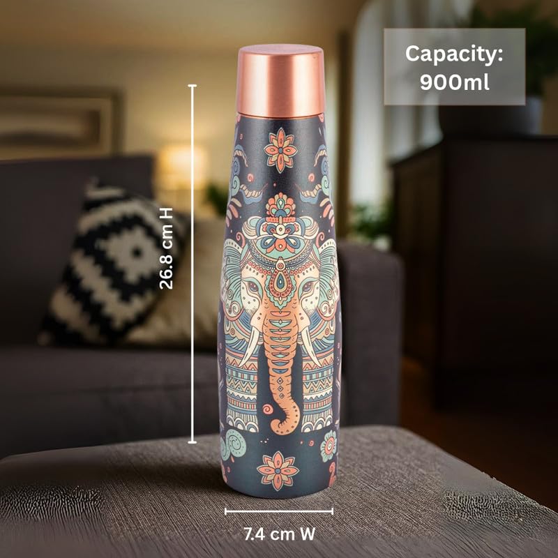 Vip luxe Designer Pure Copper Bottle & Glass Set with Elephant & Mandala Design – 900ml Bottle + 2 x 250ml Glasses | Heavy-Gauge Ayurvedic Gift Set for Wellness