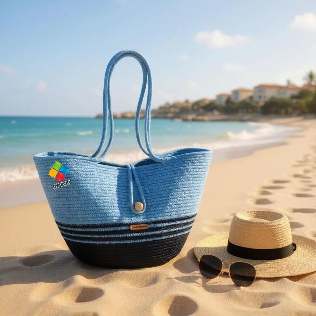 DYARCHY Woven Straw Beach Tote Bag, Cotton Rope Handle with Button Closure (SKY DARK BLUE)