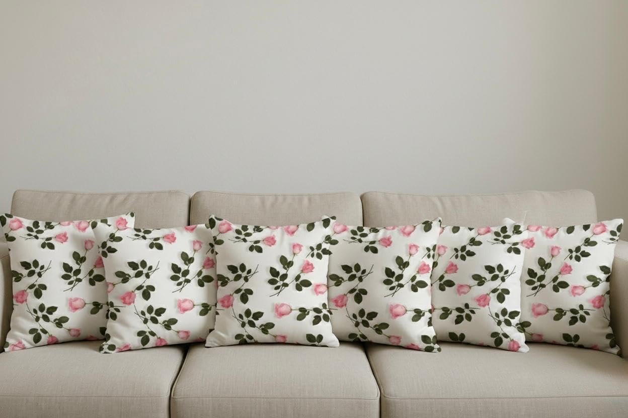 AMAZE ATTIRES Velvet Cushion Cover 18x18 Inch – Set of 6 Decorative Throw Pillow Covers for Sofa, Couch or Bed – Designer Printed Square Cushion Covers – Home Decor (Pink Floral)