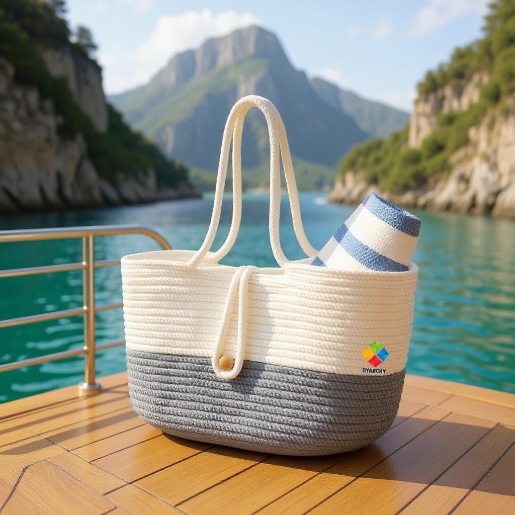 DYARCHY Woven Straw Beach Tote Bag, Cotton Rope Handle with Button Closure (WHITE GREY)