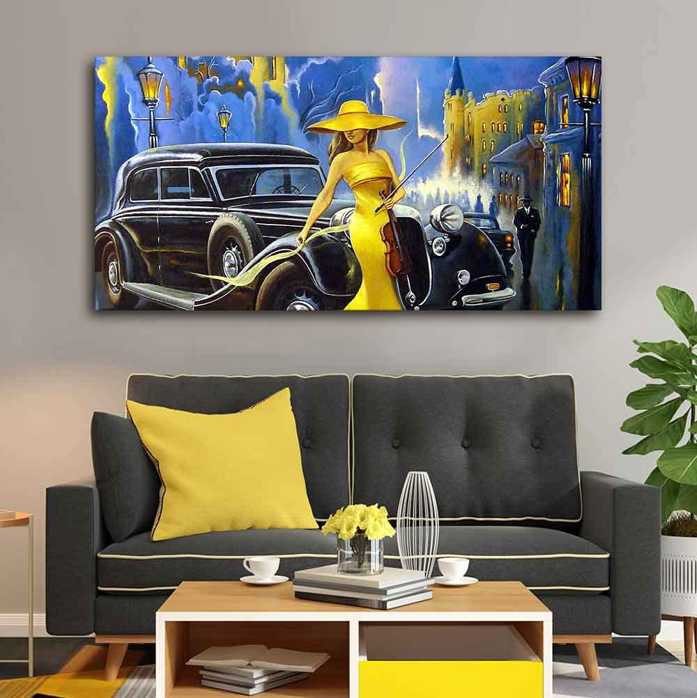 VIBECRAFTS Canvas Paintings for Living Room Drawing Room Woman With Car Canvas Wall Painting Fitted With Wooden Frame for Home | Office | Gift (PTVCH_2450)