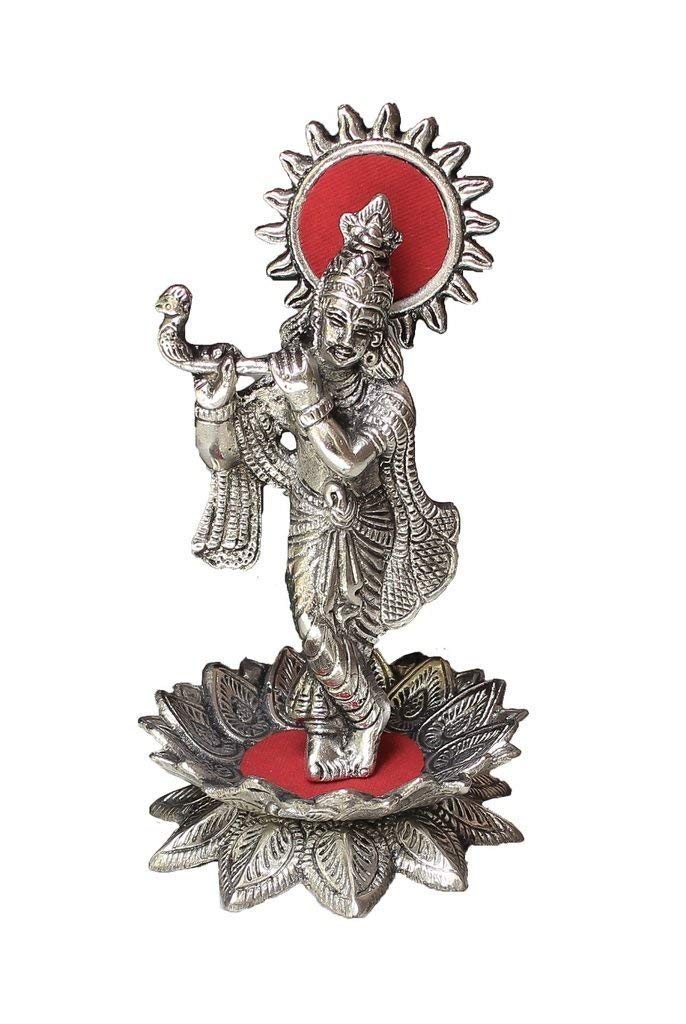 Prince home decor & gifts White Metal Lord Krishna with Flute on Flower for Home Decor and Gift