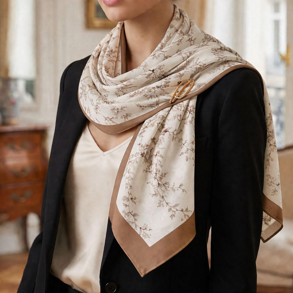 Women’s Cream & Brown Viscose Printed Scarf – Soft Lightweight Floral Pattern Shawl Wrap – Fashion Stole Dupatta for Casual, Office, Travel & All Season Wear