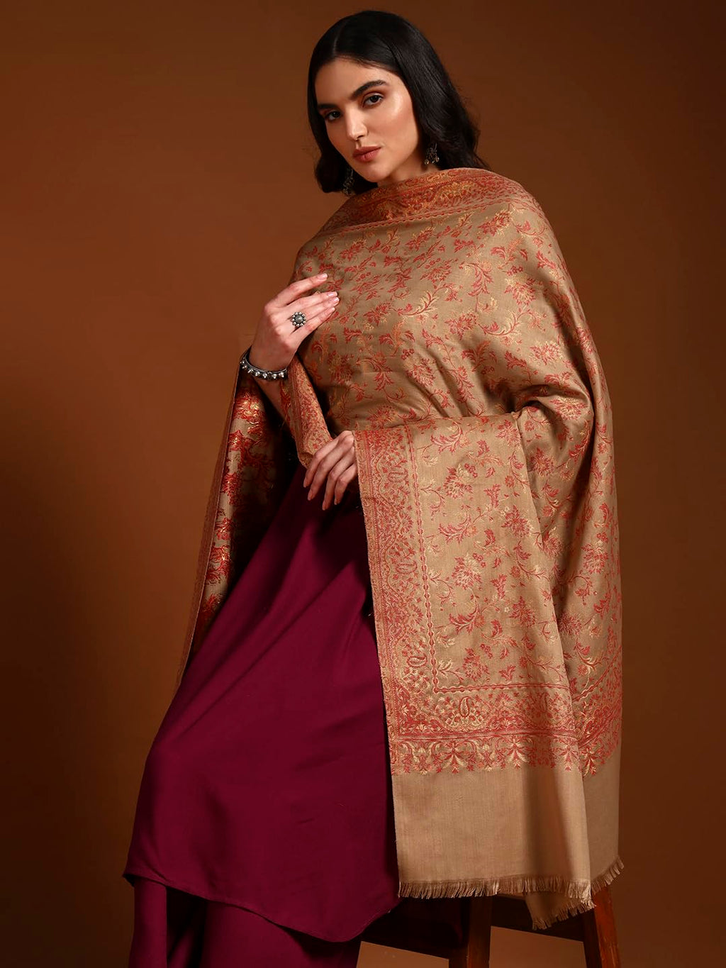 Pashmoda Women Aabroo Kashmiri Jamawar Woven Shawl, Kaani Jacquard Shawls, Stoles, Wraps, Luxury Pashmina Evening Wrap (Size: 40X80 Inches, Pashmina Color) SECS58