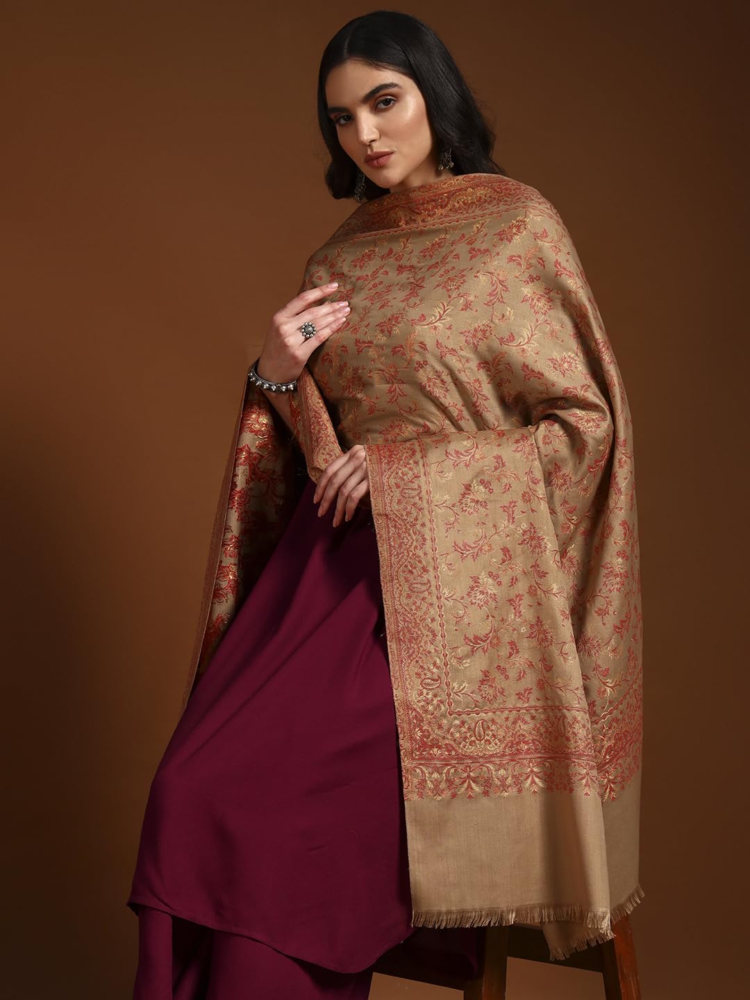 Pashmoda Women Aabroo Kashmiri Jamawar Woven Shawl, Kaani Jacquard Shawls, Stoles, Wraps, Luxury Pashmina Evening Wrap (Size: 40X80 Inches, Pashmina Color) SECS58