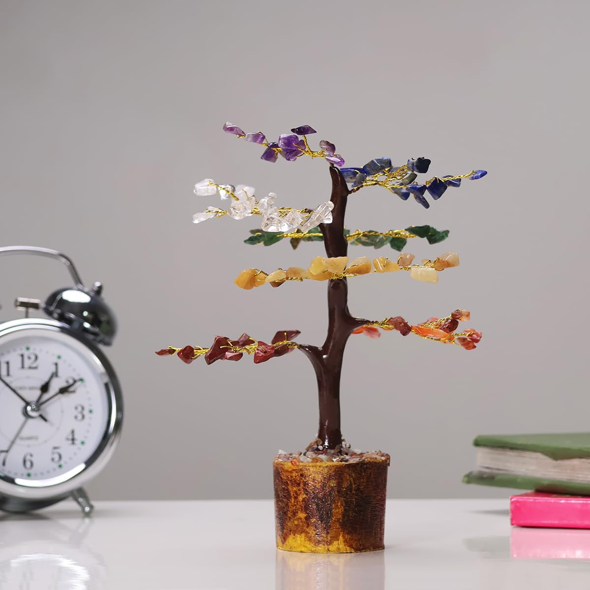 Shubhanjali 7 Chakra Tree 100 Beads M-Seal for Home Decoration | Crystal Tree for Positivity Goodluck | Gemstones | Feng Shui Stone Tree for Living Room, Office Desk & Hall Decor | Gift