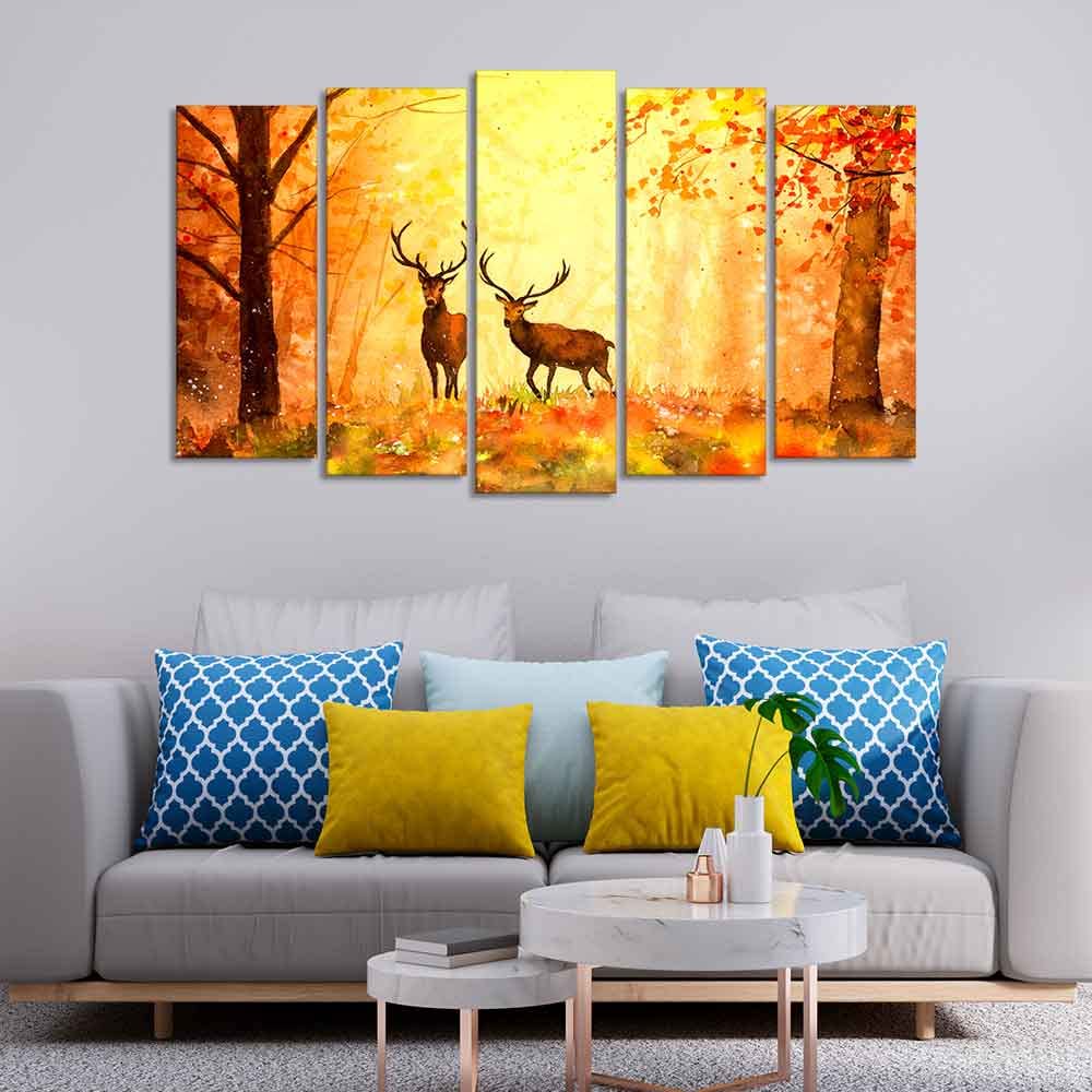 VIBECRAFTS Beautiful Forest Deer Canvas Wall Painting Set of Five For Home|Office|Living Room|Gift (PTVC5Pcs2_6548)