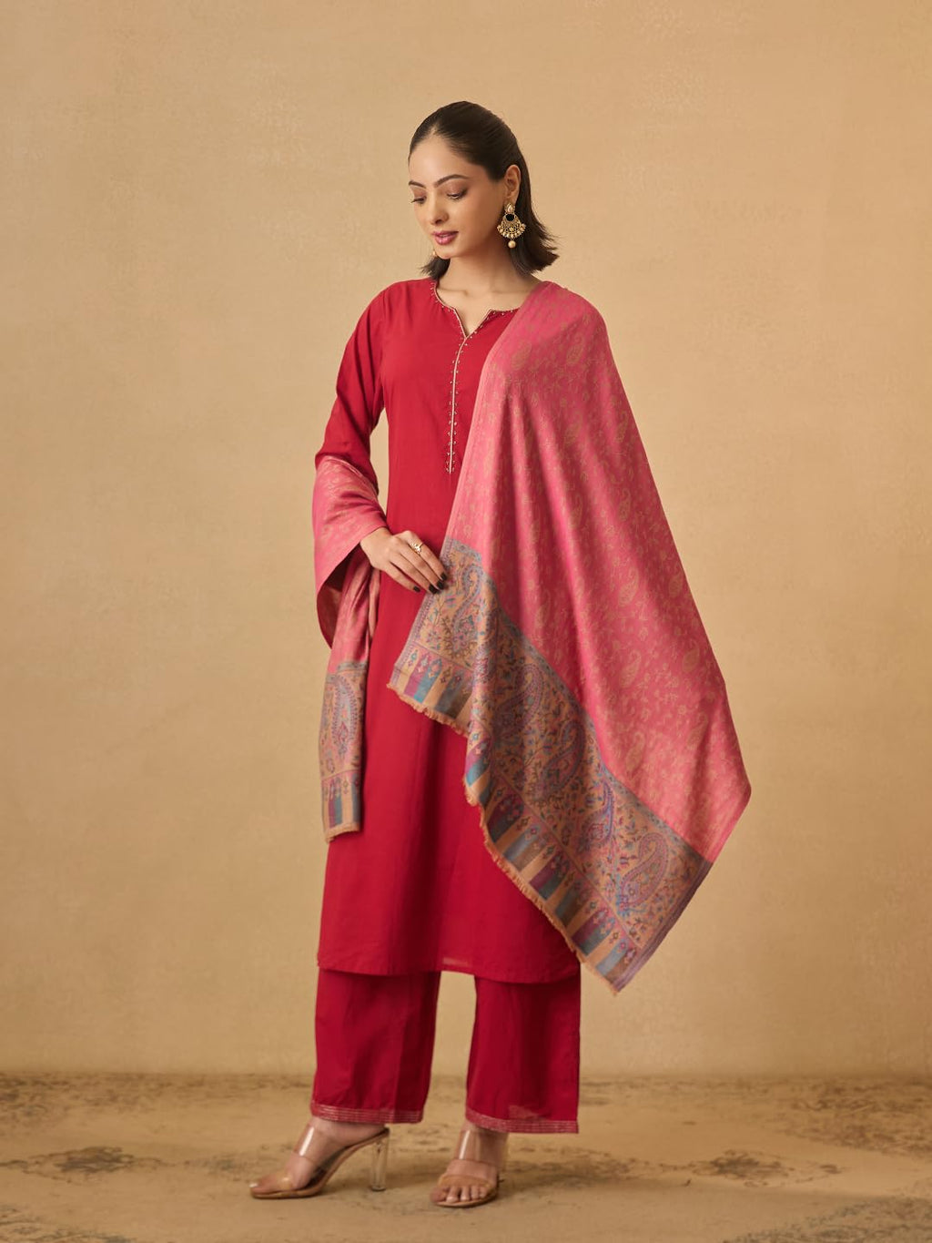 Pashmoda Women Gulpari Kaani Stole, Authentic Kashmiri Luxury Pashmina Style Shawl, Stole, (Size 28x80 Inches, Pink Color) MAVST06