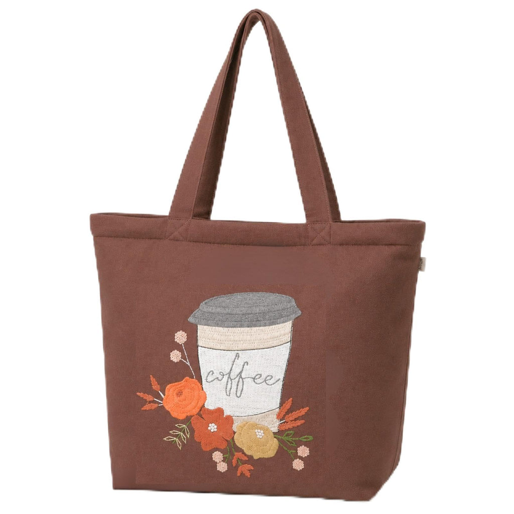 MASQ Premium ToteBag for Women with Zipper | Embroidered Foldable Shoulder Bag with Multiple Pockets | Spacious Handbag for College & Office | Eco-Friendly & Reusable (AP_TB_Coffee_Adict_01)