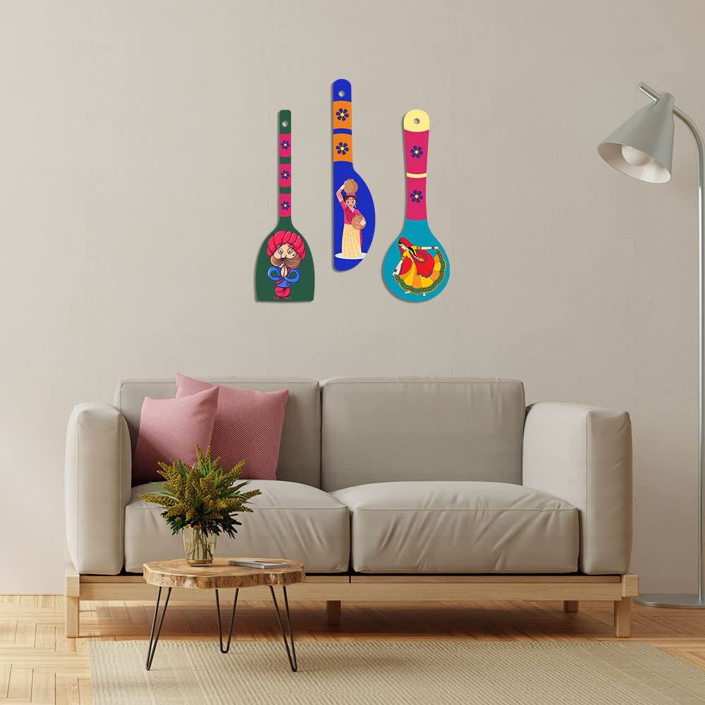 Artvibes Traditional Indian Rural Art Caricature Decorative Wall Art MDF Wooden Wall Hanger for Living Room | Home Decor | Wall Accent | Wall Art Print | Unique Gift Items (WH_5017N), Set of 3