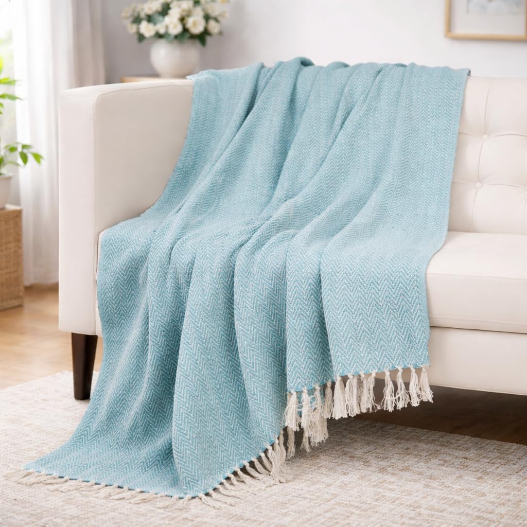 Tarantaran All Season Cotton Weaved Throw Blanket for Bed/Sofa 50x70 Inches Aqua Kafalo