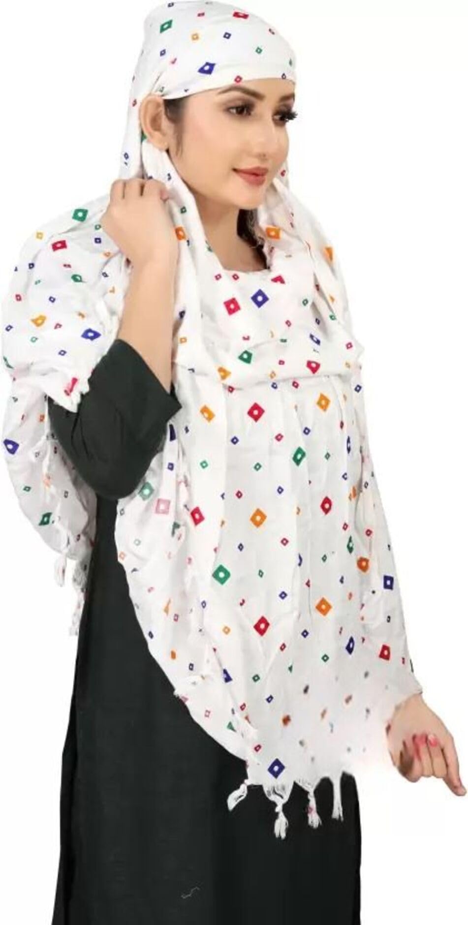 Vinsh Enterprise Cotton Long Scarf Cum Mask Scarves Usable for Vehicle Driver | White Printed Design | Universal Size | For Girl & Women | Soft & Breathable Sun Protection (Triangle - 02)