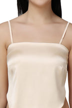 Popwings Women Casual Cream Satin Scarf Knot Solid Crop Top