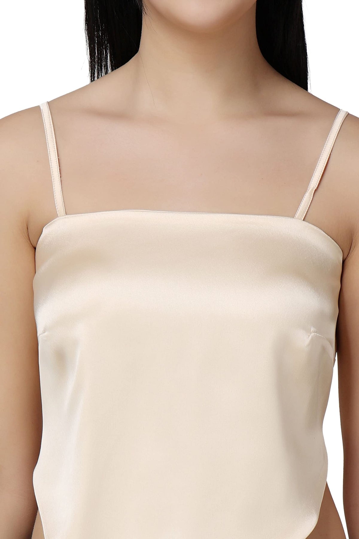 Popwings Women Casual Cream Satin Scarf Knot Solid Crop Top