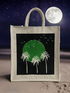 Jute Club Printed Canvas Bag|Shopping|Office|Tiffin| Multipurpose|Eco Friendly with Zipper lock|Spacious|100% Organic Cotton Tote with Lamination-14 X16 X5 (5Pc, Green Moon)