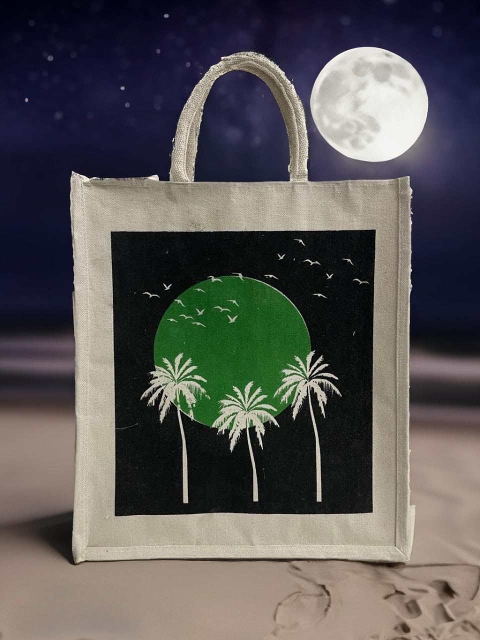Jute Club Printed Canvas Bag|Shopping|Office|Tiffin| Multipurpose|Eco Friendly with Zipper lock|Spacious|100% Organic Cotton Tote with Lamination-14 X16 X5 (5Pc, Green Moon)