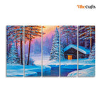 VIBECRAFTS Old Hut in the Winter Forest Canvas Wall Painting of Five Pieces For Home|Office|Living Room|Gift (PTVC5Pcs4_8668)