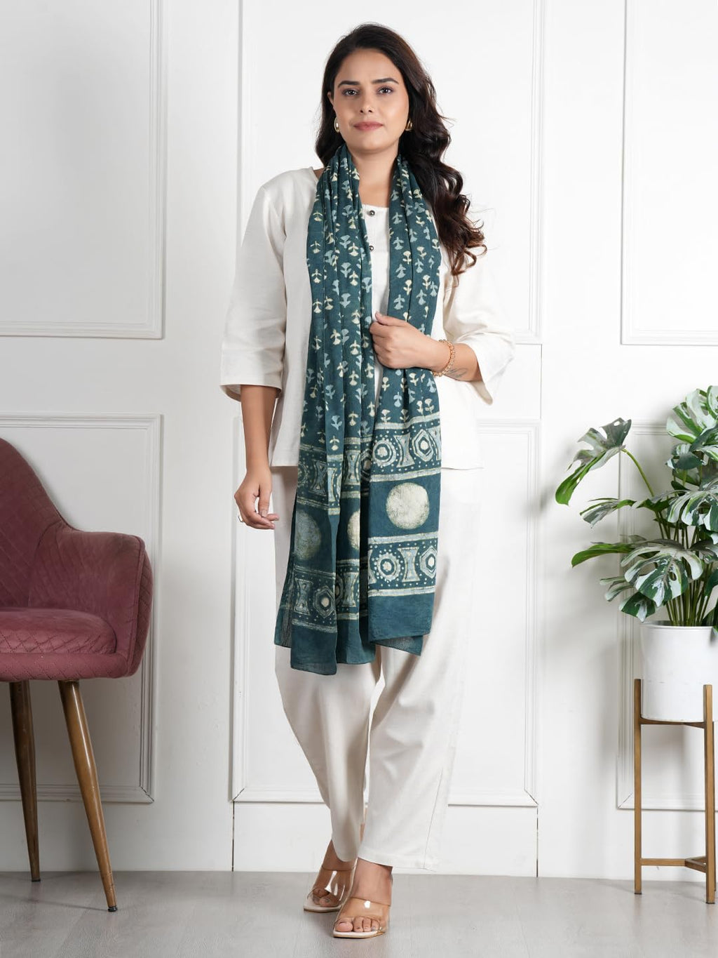 RAI SAHAB Printed Cotton Scarf for Women, Lightweight Soft Scarves Stoles for Summer & Winter(ST-74BLUE10)