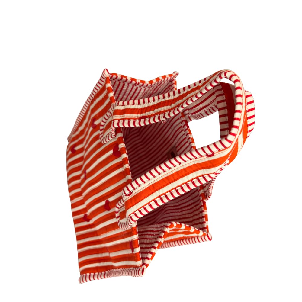 GULABI THAPPA Hand Block Printed Cotton Tote Bag, 22x25x11 cm, Quilted Design with Striped Border (Orange-striped)