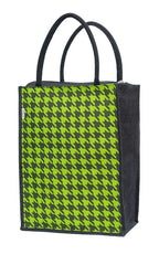 JUTEKA Parrot Green Houndstooth Printed Jute Lunch Bag - Grocery, Tote, Hand, Picnic Bag for Men, Women, Girls, Kids With Zip