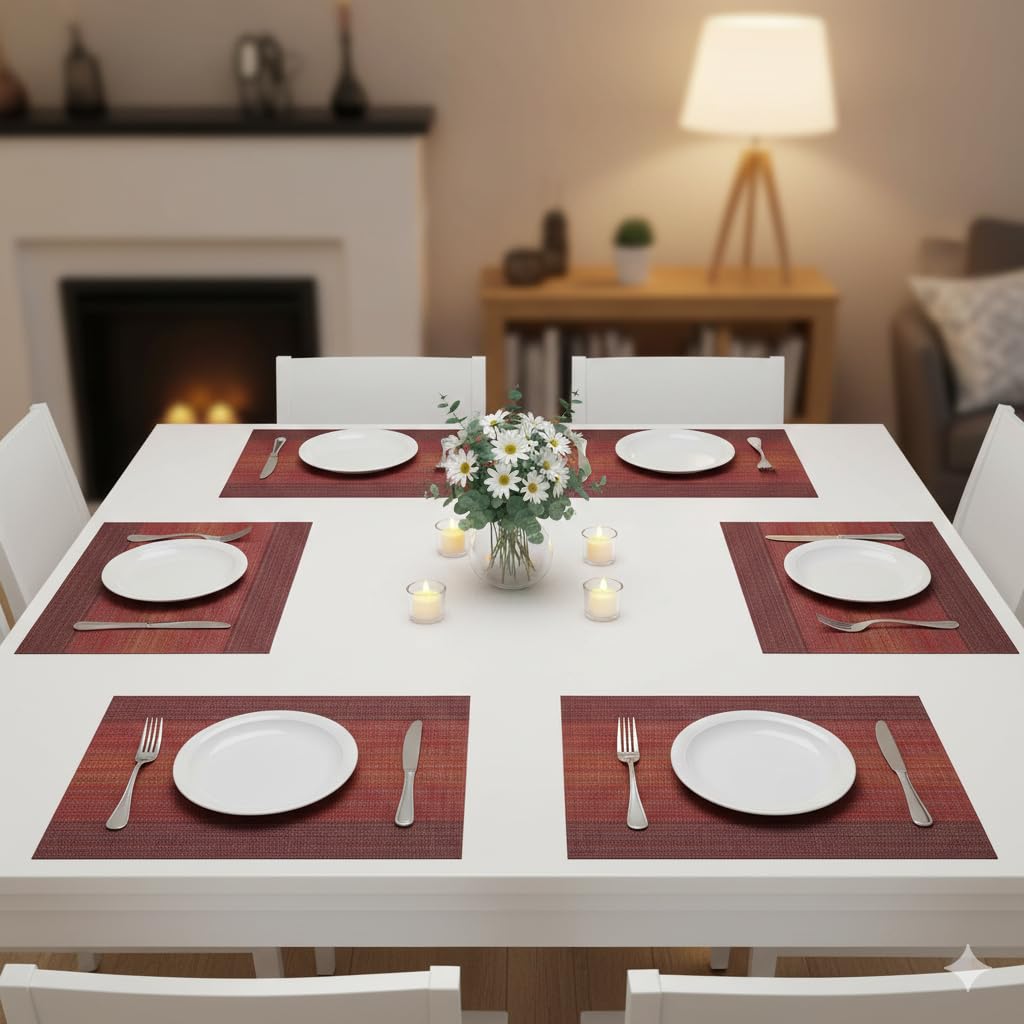 YELONA Placemats Set of 6, Heat-Resistant Woven Vinyl Table Mats, Non-Slip & Washable Dining Tablemats for Kitchen & Dinner Decor, Ombre Red (45cm x 30cm) Kafalo