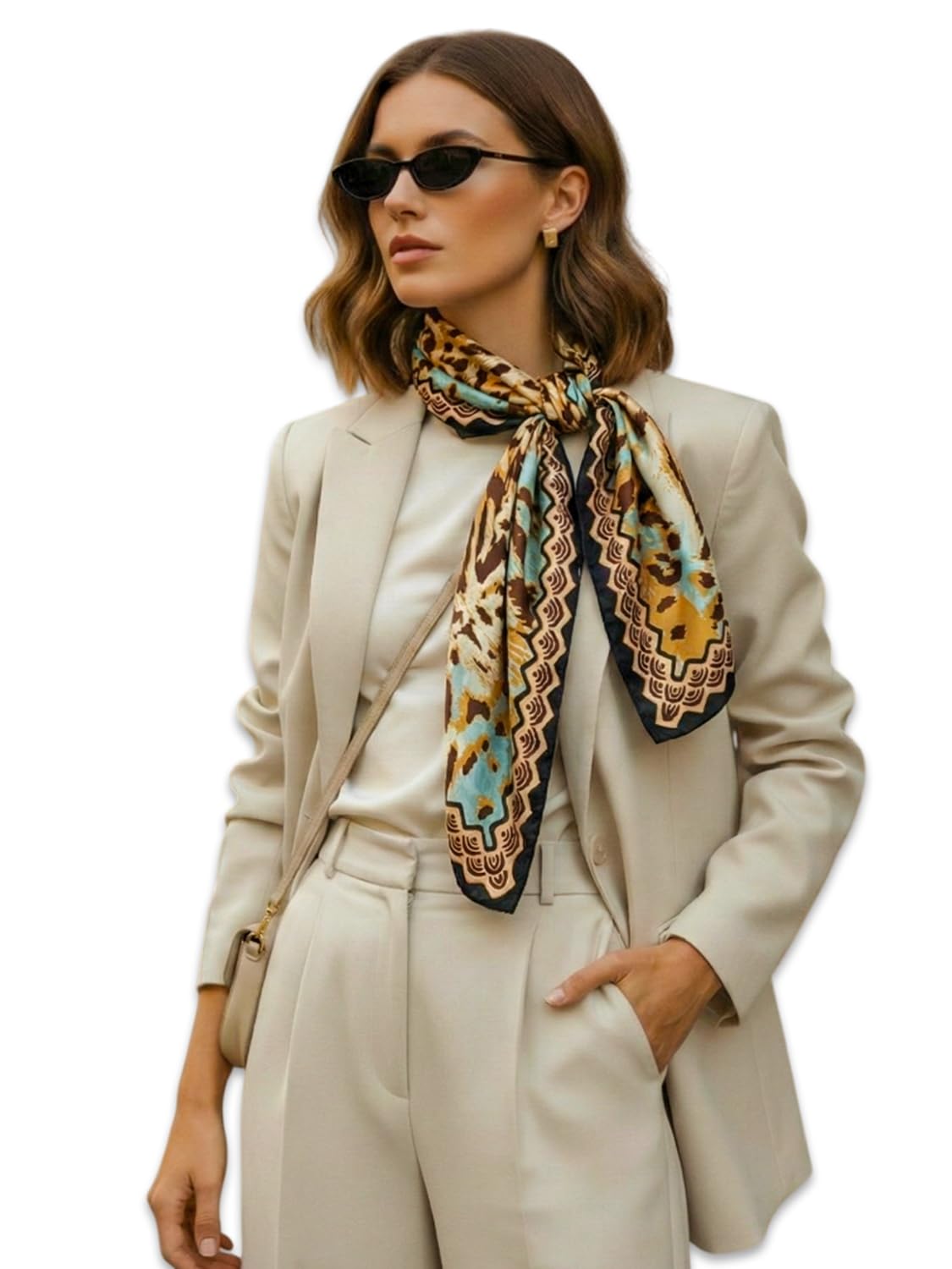 leeza store Women's Ivory Cream Silk Scarf For Women – 40 X 40 Digital Printed Abstract Leopard Pattern – Stylish Stole, Headscarf, Neck Wrap, Hair Scarf