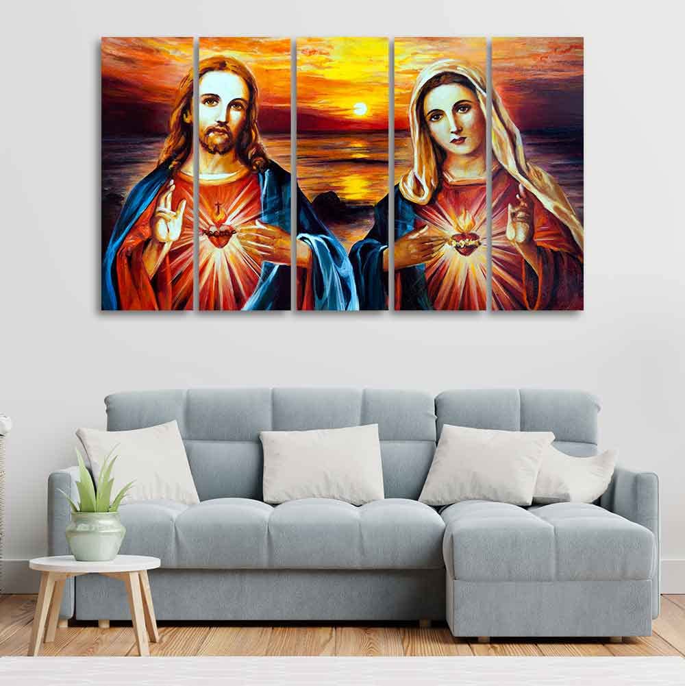 VIBECRAFTS Jesus Christ and Mary Canvas Wall Painting of Five Pieces For Home|Office|Living Room|Gift (PTVC5Pcs4_8670)