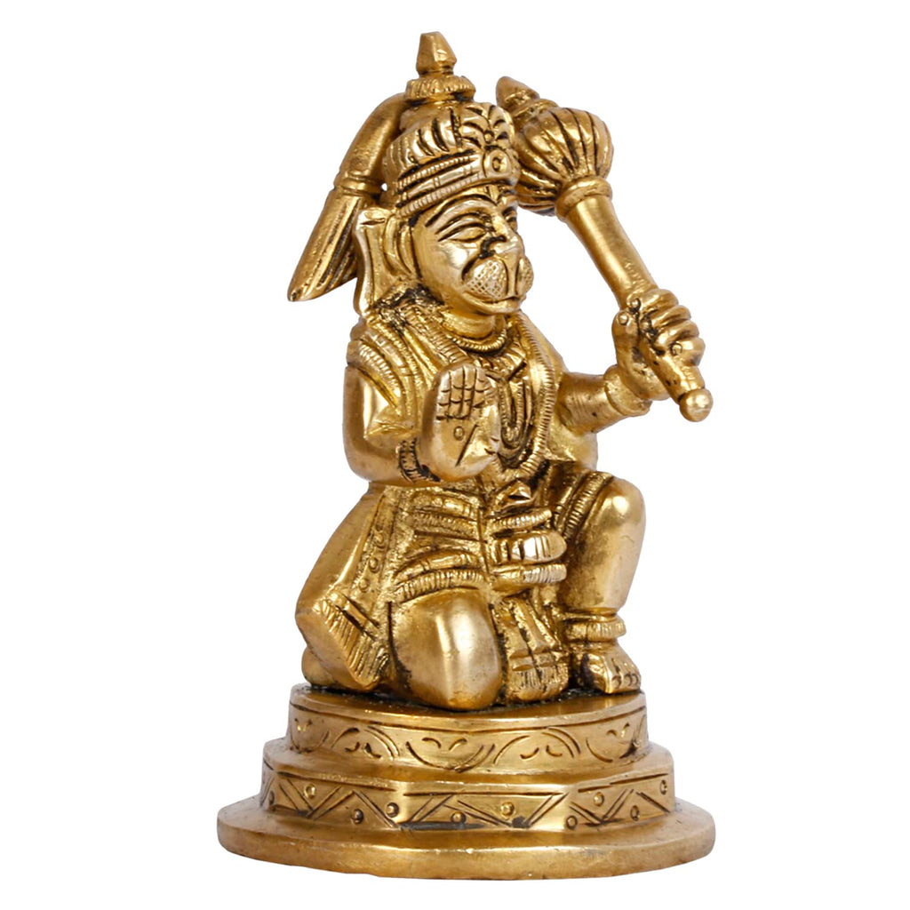 ARTVARKO Brass Hanuman Sitting with Gada on Shoulder Murti for Home Puja Idol Blessing Bajrangbali Statue for Pooja Gift 4.25 Inch
