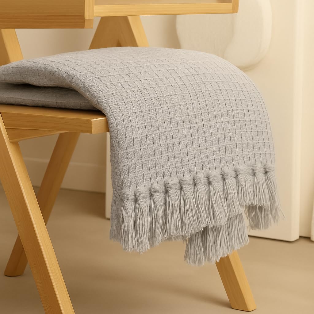 Furnistitchs Bohemian Cotton Sofa Throw Blanket 50x60 inches | Waffle Knit & Chevron Pattern with Fringes | Aesthetic Decorative Couch Throw for Living Room & Bedroom (Grey Waffle) Kafalo