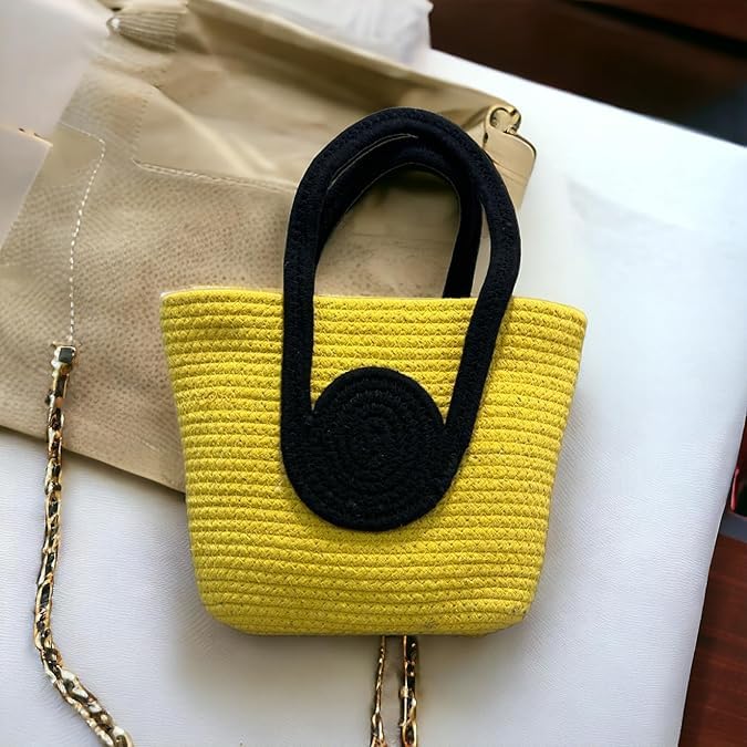 BEAUTIFUL HOMMIES Attractive Large Tote - Summer, Beach & Boho Bag - Handmade Jute & Bamboo - Yellow-Black