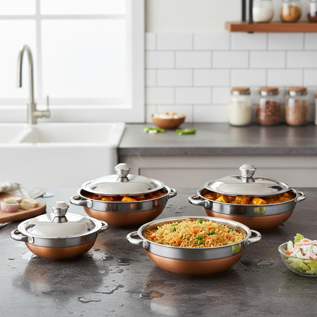 LAZYwindow® Steel Serving Bowl Set, Copper Bottom, 4Pc with Lids