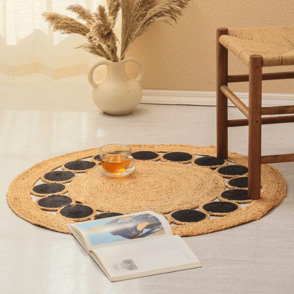 ATRANGI STUDIO Round Jute Rug | Handwoven Braided Design Mat | Circular Floor Rug for Living Room, Bedroom, Reading Corner | Boho Home Decor | 3x3 feet, Colourful