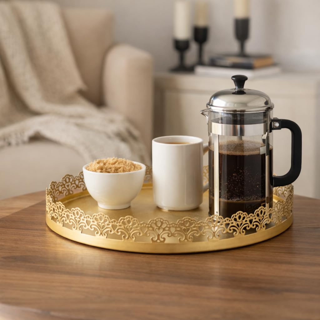 The Unique Designs Gold Finish Decorative Metal Tray | Multipurpose Serving & Vanity Tray | Premium Cutwork Design | Home Décor Organizer | 28 x 4 cm (Gold)
