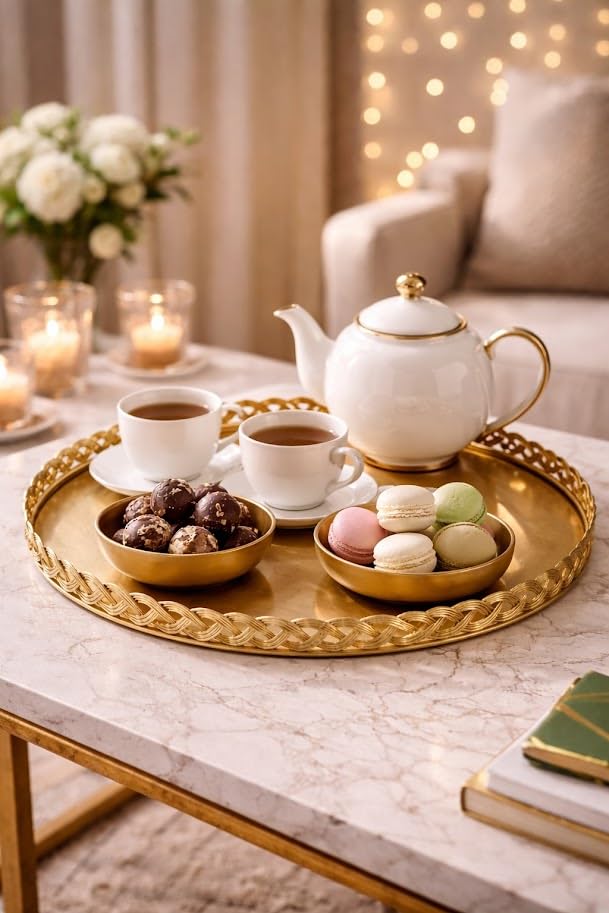 Luxury Gold Round Decorative Serving Tray - 12-Inch Ornate Braided Metal Vanity Tray with Mirror-Finish for Coffee Table, Ottoman, Home Decor - Ideal for Afternoon Tea, Jewelry, or Dessert Display