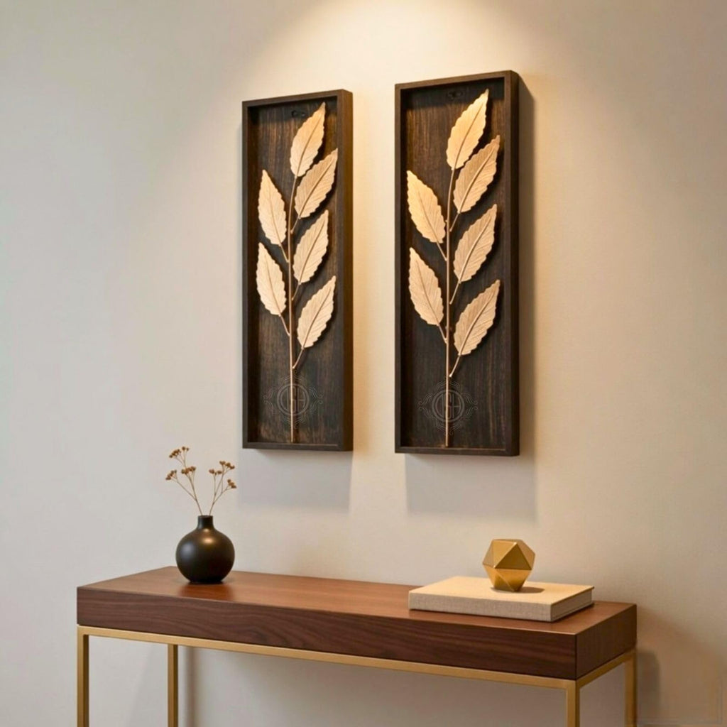 DSH Leaf Wall Art Panels Modern Rustic Home Décor Wall Hanging Sculpture for Living Room, Bedroom & Office (45X15 CM) Decoration Item (Titan Leaf, 2 Frames)