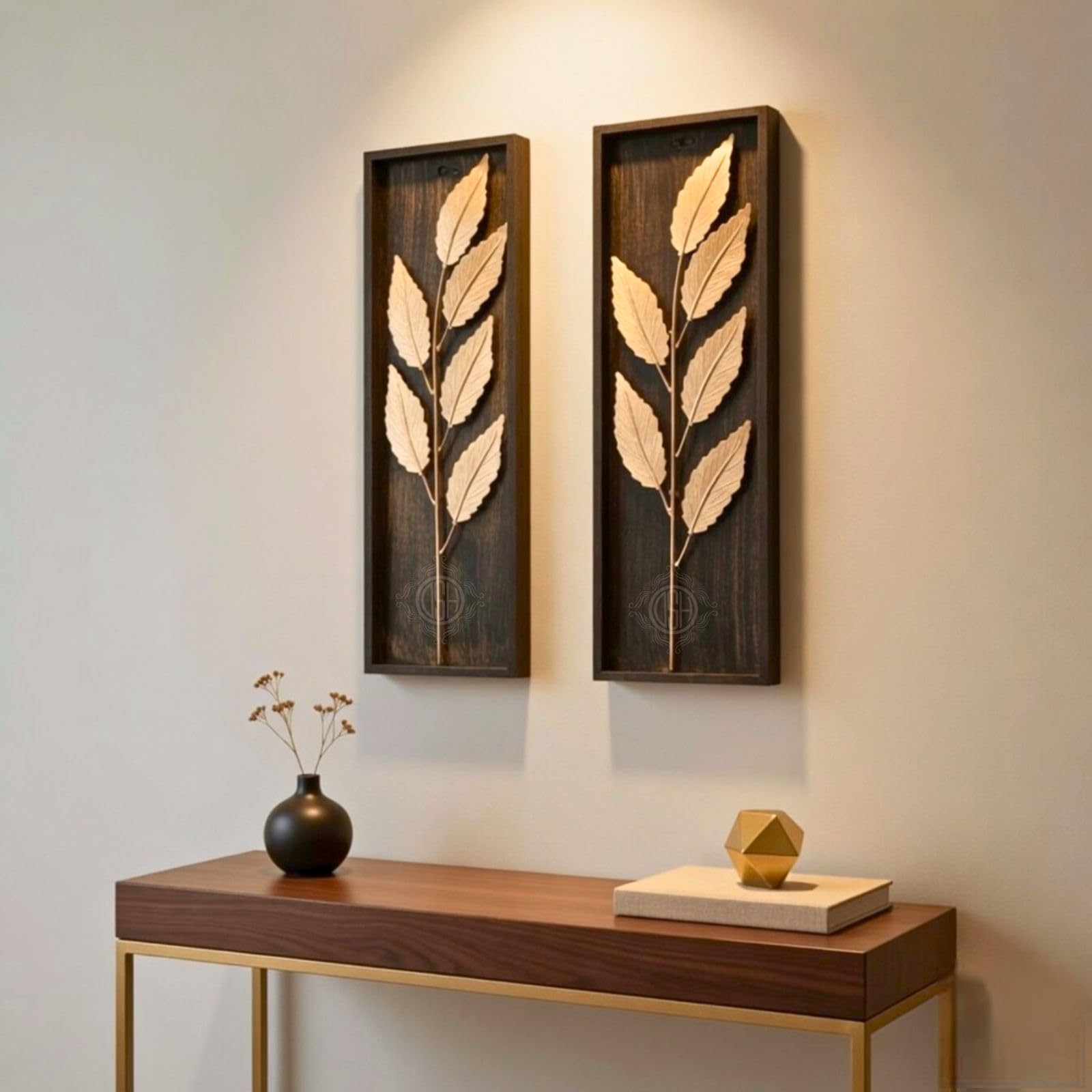DSH Leaf Wall Art Panels Modern Rustic Home Décor Wall Hanging Sculpture for Living Room, Bedroom & Office (45X15 CM) Decoration Item (Titan Leaf, 2 Frames)