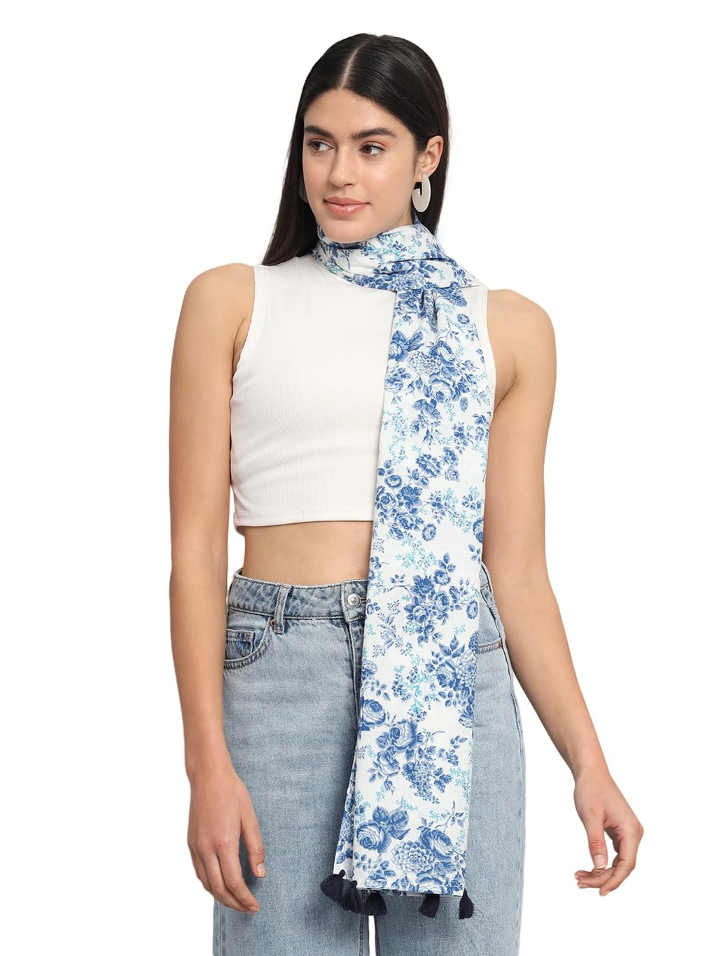 Ravaiyaa - Attitude is everything Women White & Blue Hand Block Floral Printed Cotton Tasseled Scarf 71 X 21 Inch