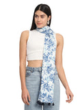 Ravaiyaa - Attitude is everything Women White & Blue Hand Block Floral Printed Cotton Tasseled Scarf 71 X 21 Inch
