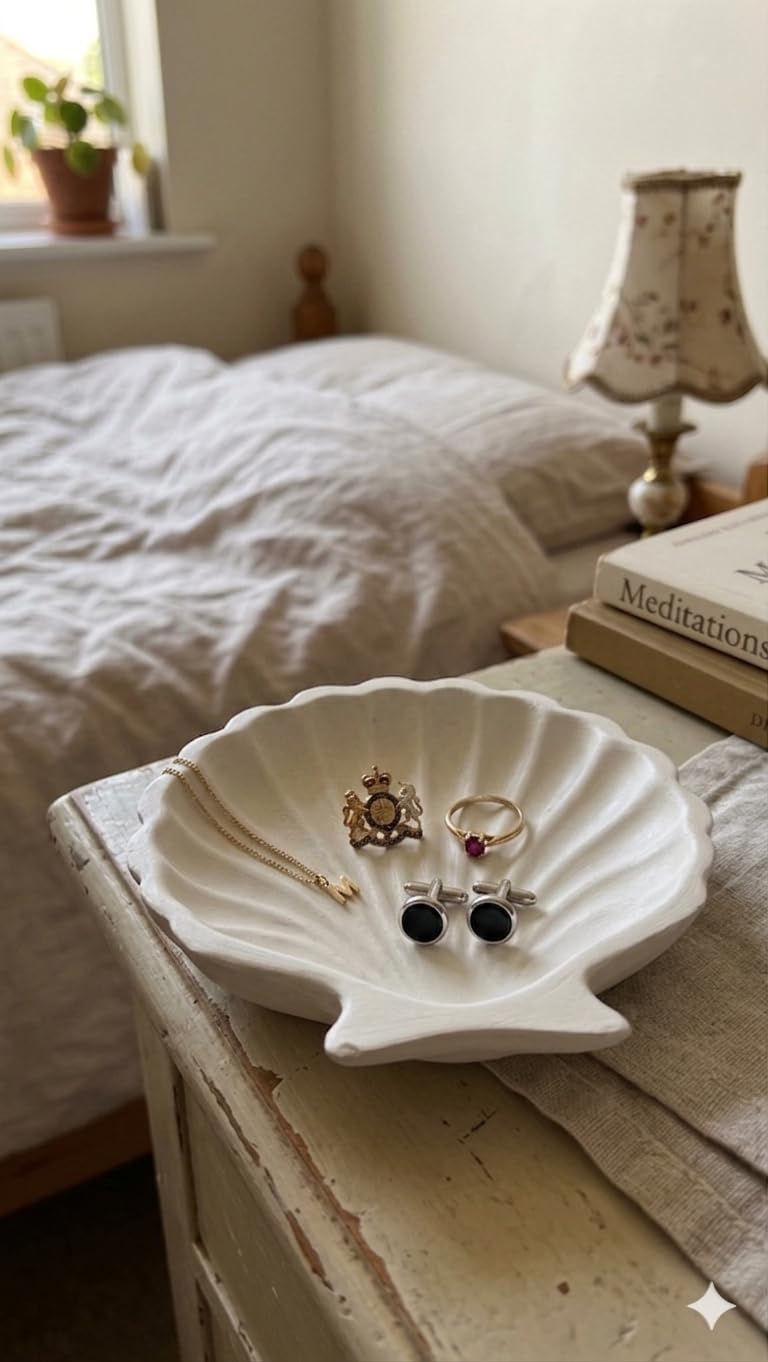 TREETRUNK® Handmade Concrete Shell Trinket Tray | White | Shell Shaped | Jewellery/Makeup/Table Organizer | Home Decor | Candle Tray | Multipurpose (9.5×9.5cm)