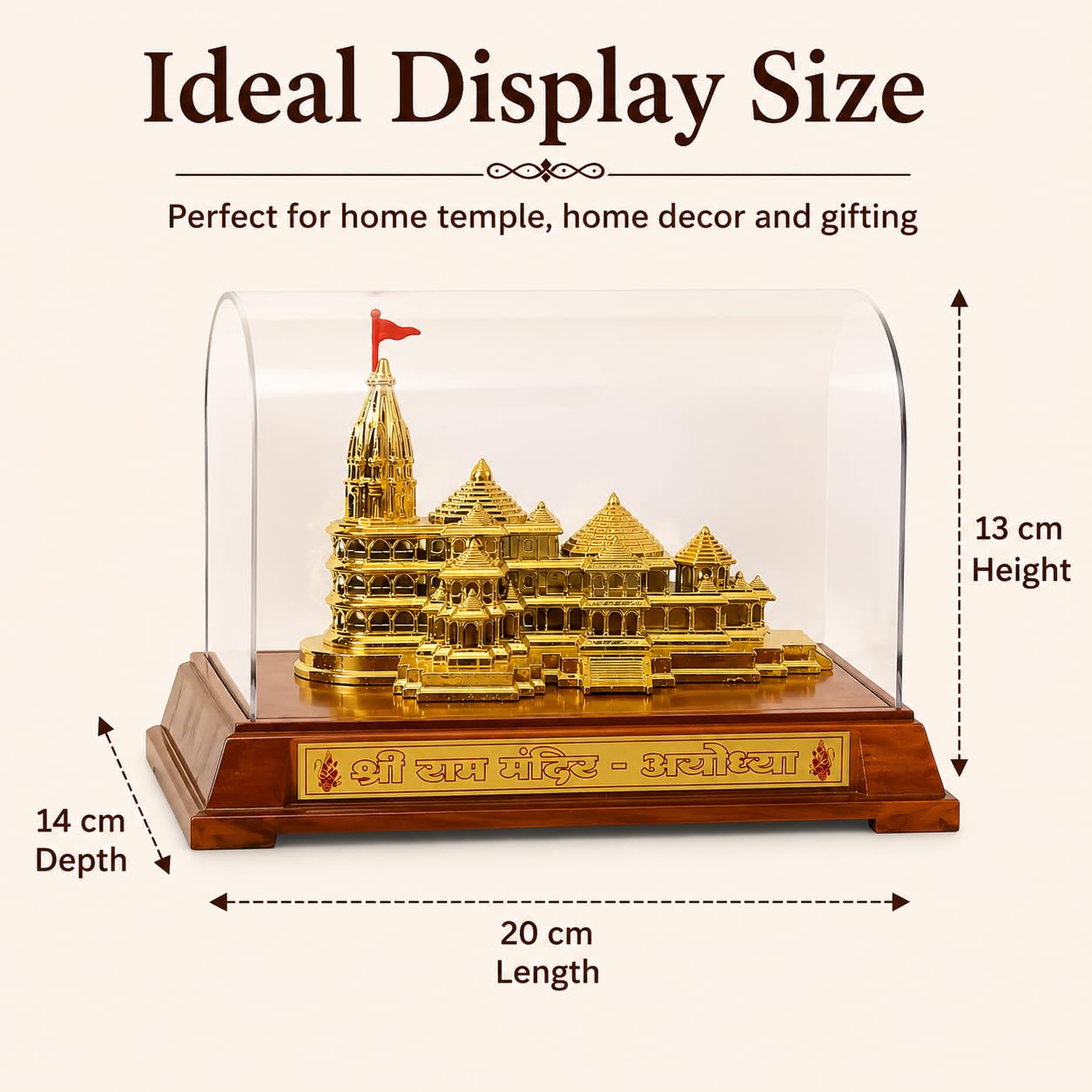 LOYELPROD Ram Mandir Ayodhya Temple Replica, Gold Finish, with Acrylic Cover and Wooden Base Coating
