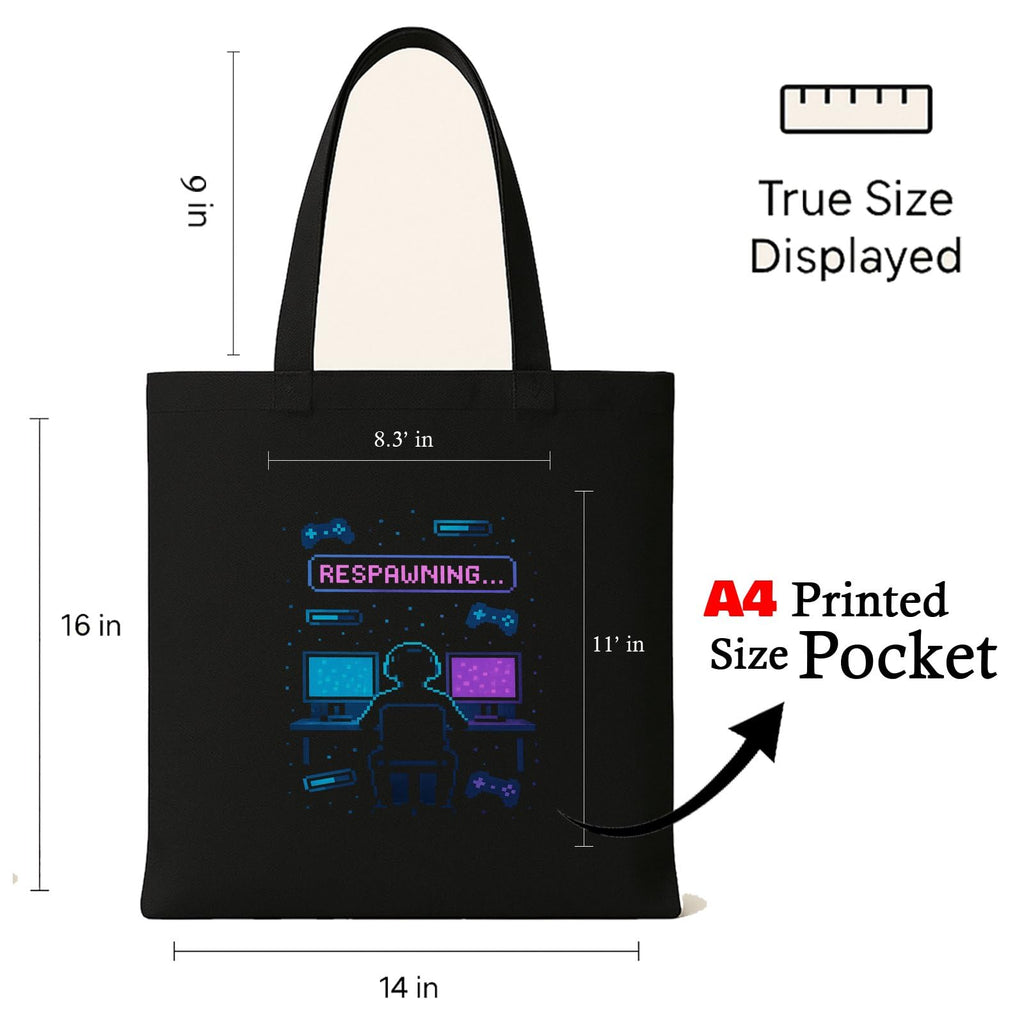 Kirmada Black Cotton Tote Bag | Pixel Respawn Mode Design | Trendy Gamer Tote for Women & Girls | Stylish College & Shopping Bag with Zipper | Reusable Eco Friendly Cotton Tote | Gift for Gamers
